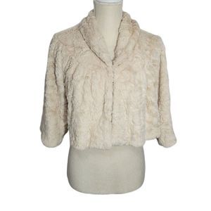 Cabi White Ivory Shrug Faux Fur Floral Lined Satin cropped Jacket